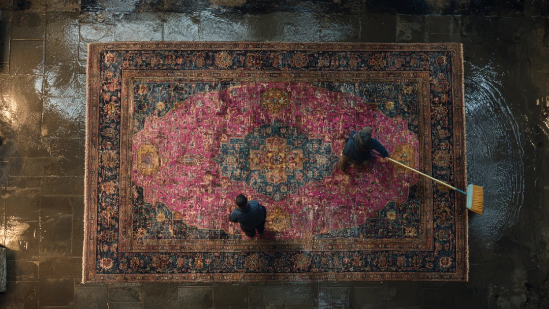 Nettoyage professionnel d’un tapis oriental ancien avec des techniques artisanales, vue aérienne montrant deux spécialistes en pleine restauration sur sol mouillé.