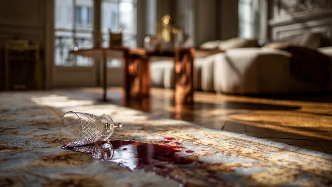 Un verre de vin en cristal renversé sur un tapis d'orient, créant une tache de vin rouge qui illustre la question de savoir si la vapeur enlève les taches.