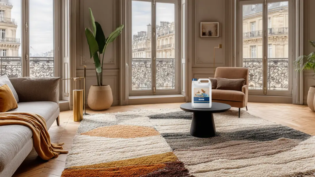 Salon haussmannien à Paris baigné de lumière naturelle, mettant en valeur un tapis contemporain fraîchement nettoyé avec le meilleur nettoyant tapis écologique.