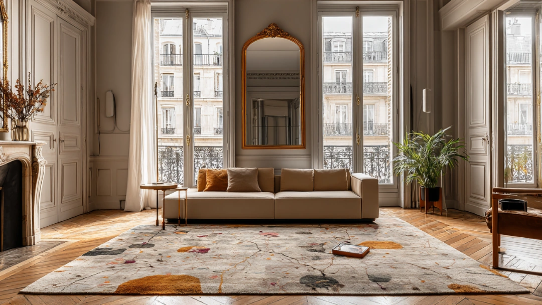 Intérieur parisien lumineux avec un grand tapis en soie restauré, aux motifs abstraits et couleurs douces.