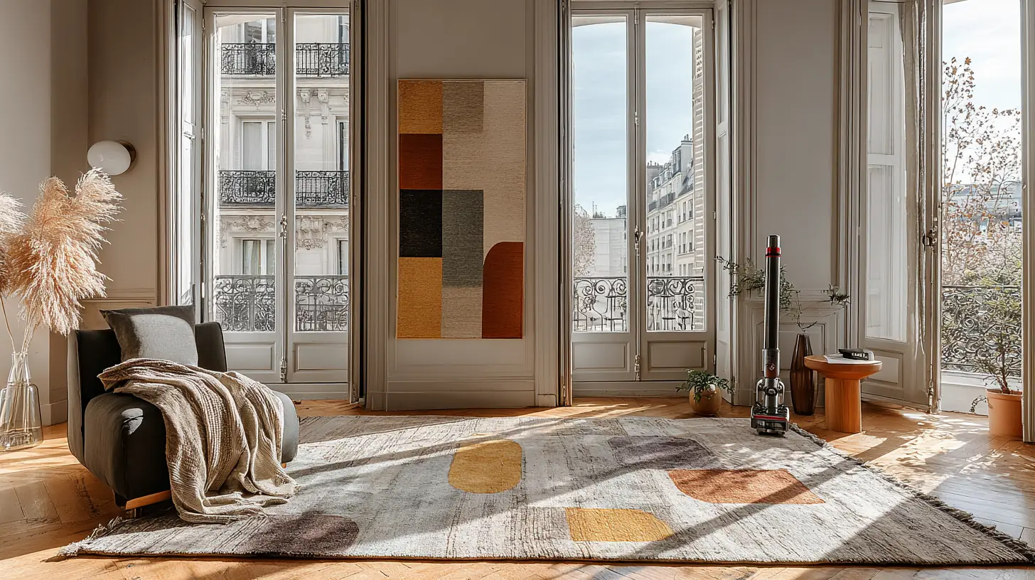 Salon parisien lumineux avec grand tapis contemporain et aspirateur Dyson V8 posé près des fenêtres haussmanniennes, scène élégante illustrant l’entretien haut de gamme des tapis.