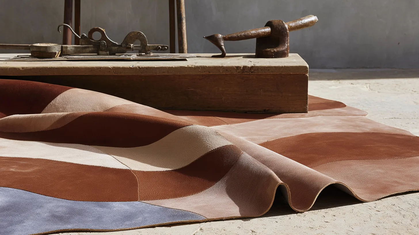 Tapis en cuir posé à plat montrant la souplesse du cuir et les bons gestes d’entretien.