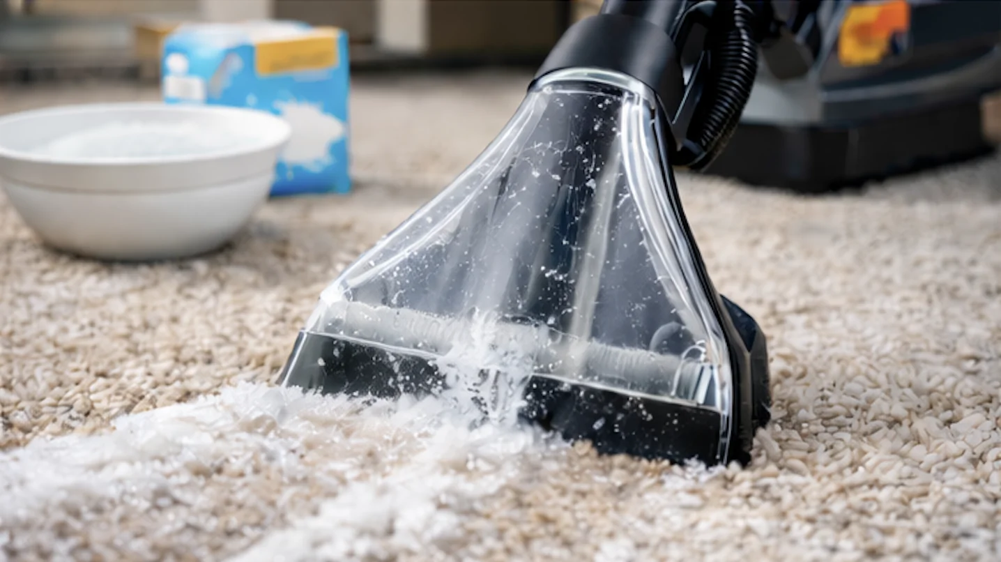 Shampouineuse injection-extraction aspirant la mousse lors du nettoyage d’un tapis avec lessive en poudre.