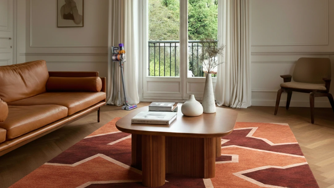 Aspirateur Dyson V15 Detect posé dans un salon haussmannien, sur tapis graphique de luxe.