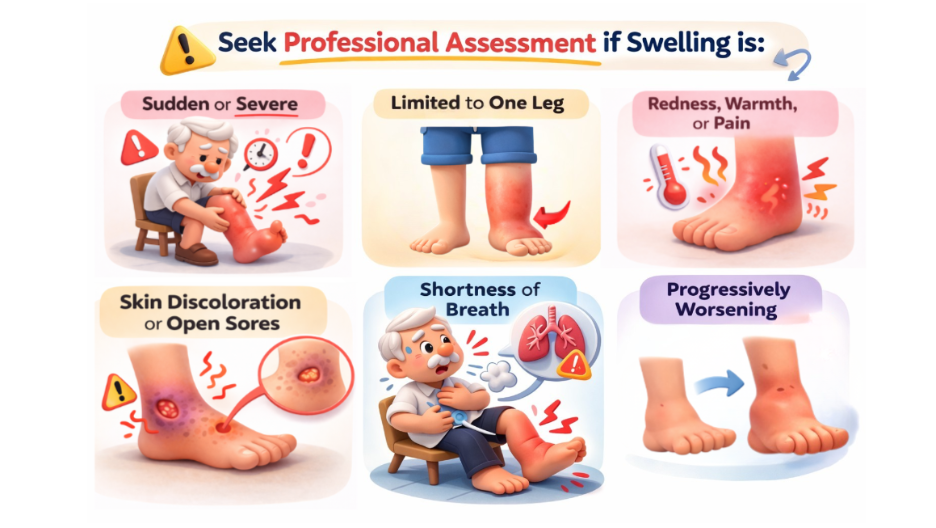  Swollen Ankles and Feet in the Elderly seek professional help infographic