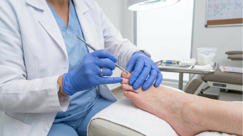 Podiatrist examining a curved toenail with gloves, clean medical setting, soft lighting, no logos