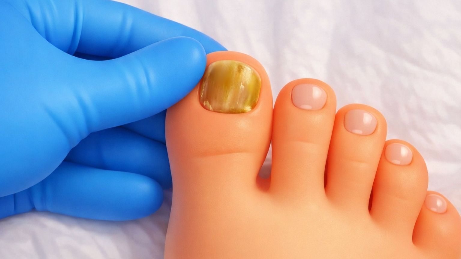 Close-up of toenail discoloration showing one of the different types of toenail fungus affecting the nail plate