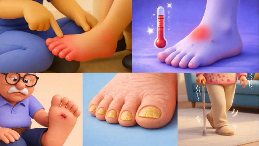  illustration showing warning signs of foot problems in seniors, including swelling, wounds, nail changes, and difficulty walking. 