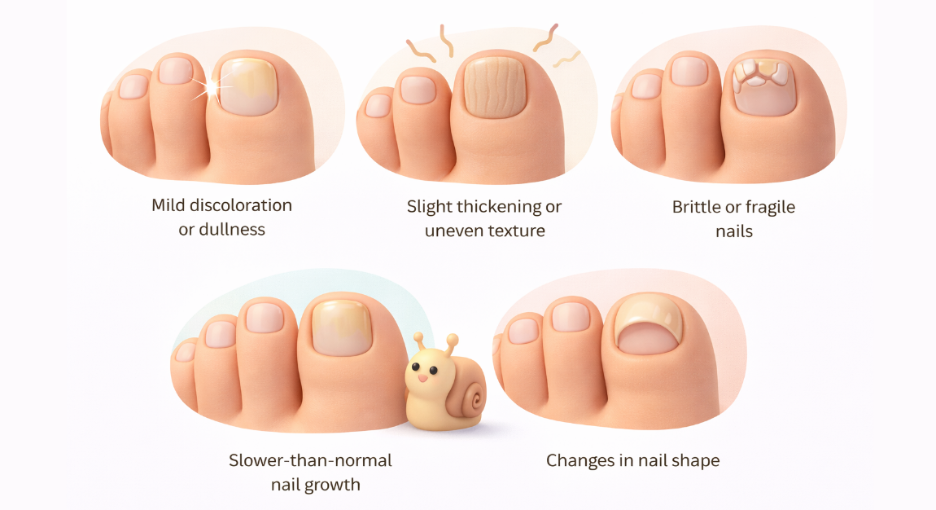 3D illustration showing early signs of diabetic nails, including discoloration, thickening, brittleness, slow growth, and shape changes.