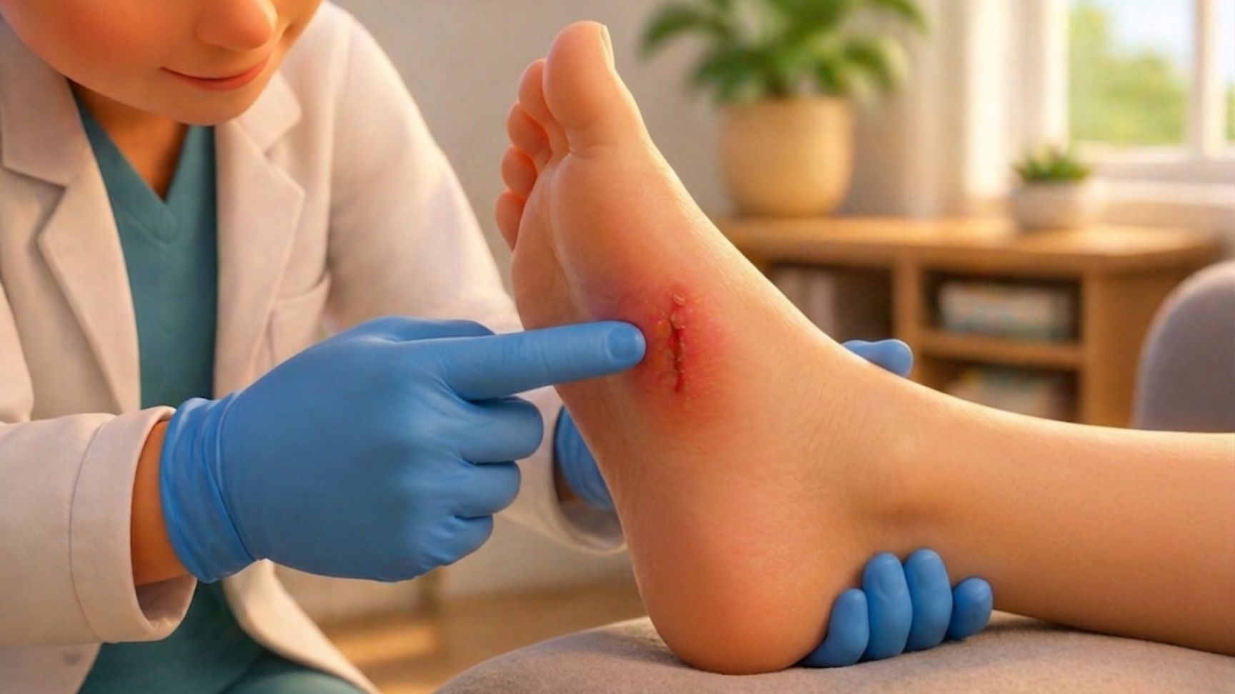 3D illustration showing an infected foot wound being examined by a podiatrist with visible redness and irritation around the cut.