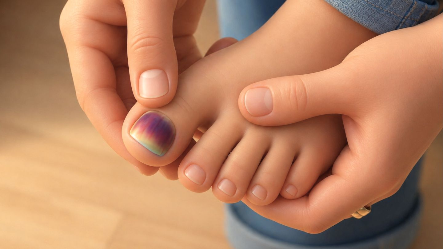 Close-up of a bruised toenail with dark discoloration under the nail being gently examined.