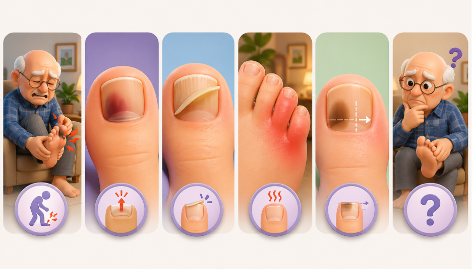 3D infographic showing stages and causes of a bruised big toenail, including injury, pressure, swelling, and discoloration. 