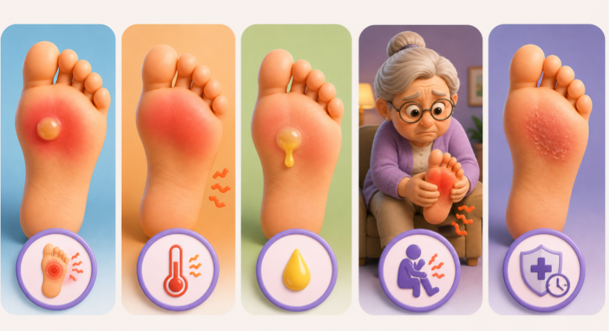3D infographic showing blisters on bottom of feet, including stages from irritation to fluid-filled blister and healing. 