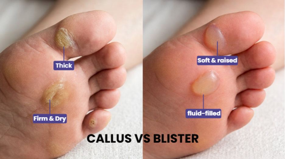 Side-by-side image showing difference between callus and blister on the foot, comparing thick dry skin vs fluid-filled blister. 