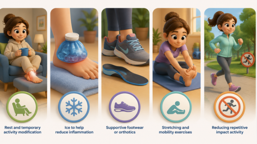 3D infographic showing conservative treatment options for tendonitis foot, including rest, ice, supportive footwear, stretching, and activity modification. 