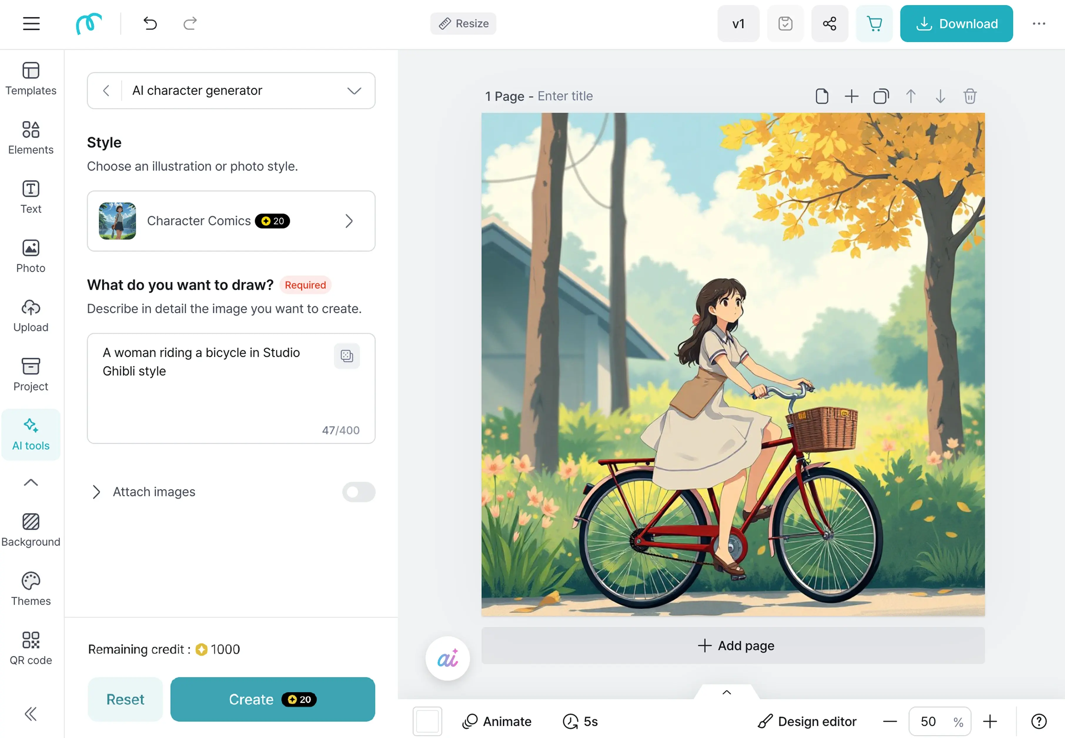 Image editor showing a Ghibli-style illustration generated from a prompt