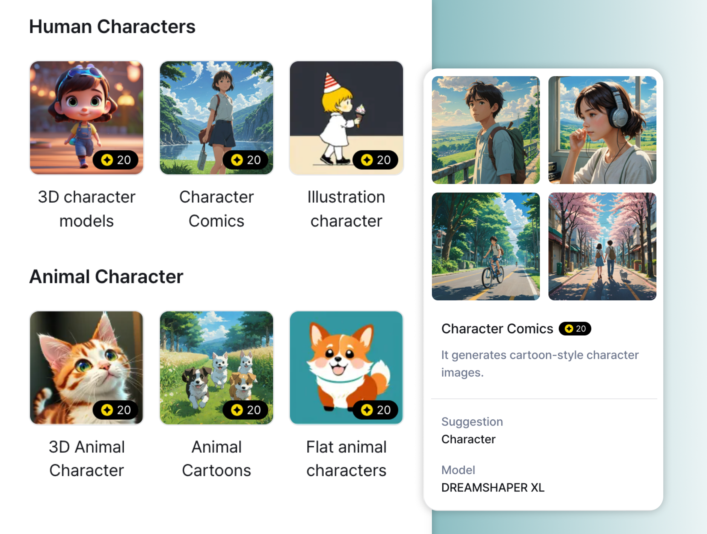 Style selection screen for generating various AI characters, including Ghibli-style