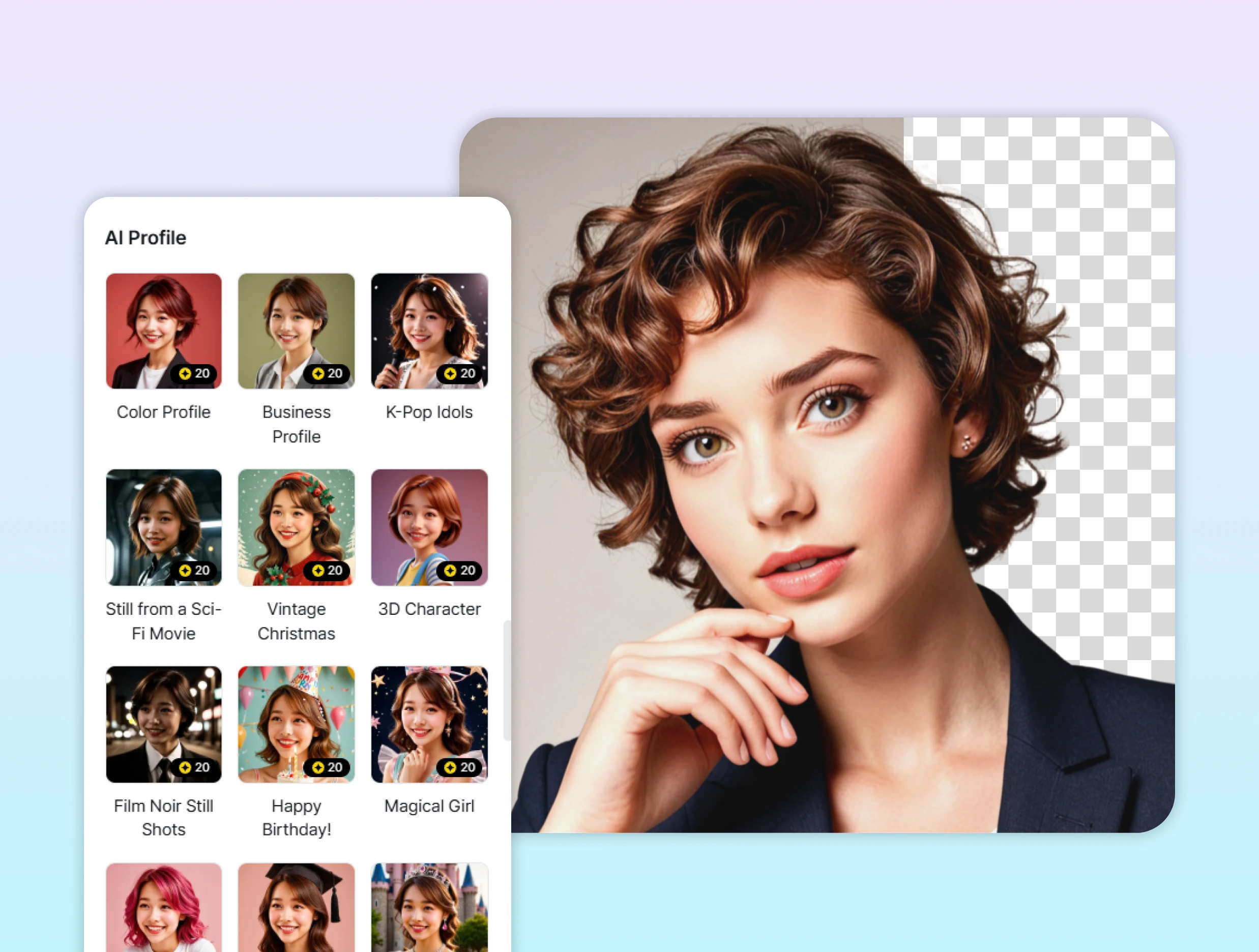 Interface for generating character portraits using different AI profile styles