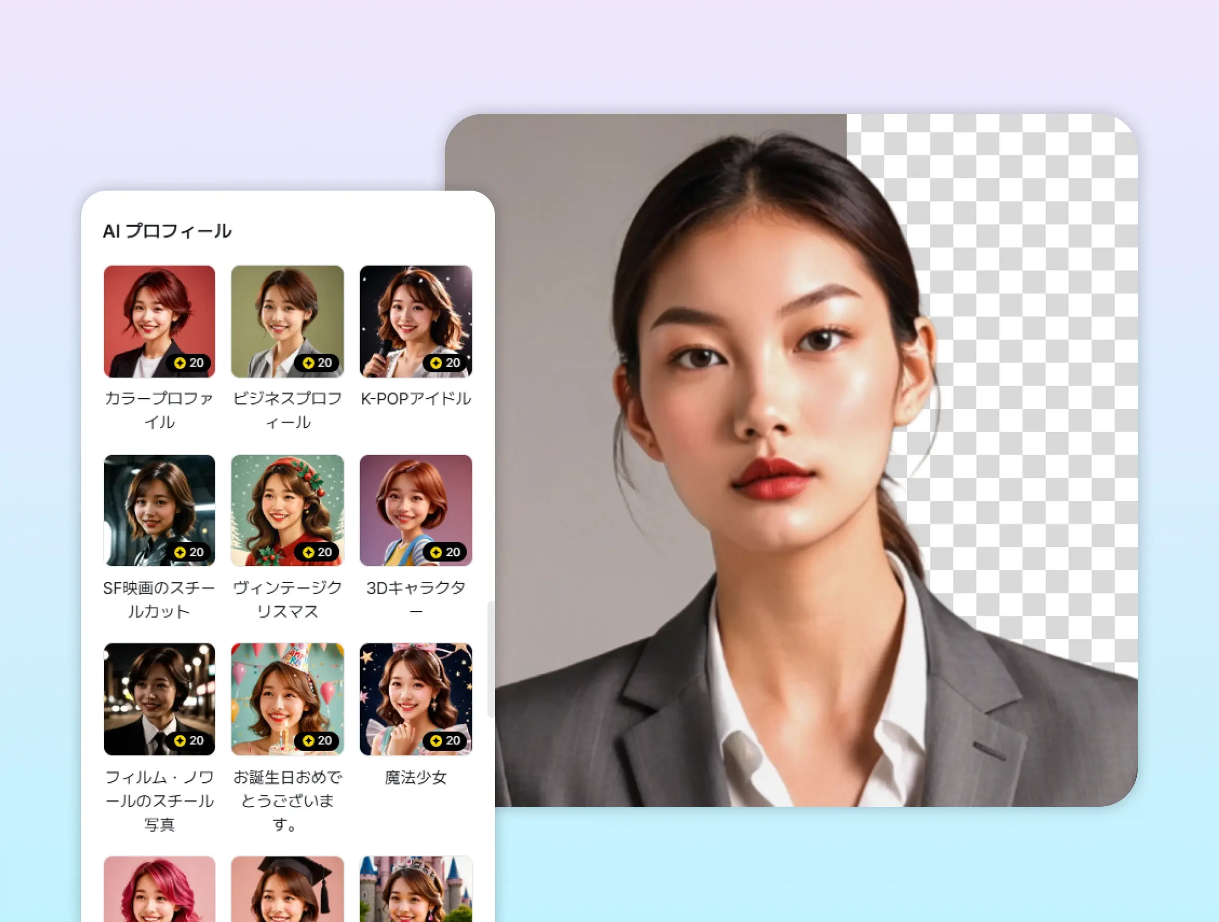 Interface for generating character portraits using different AI profile styles
