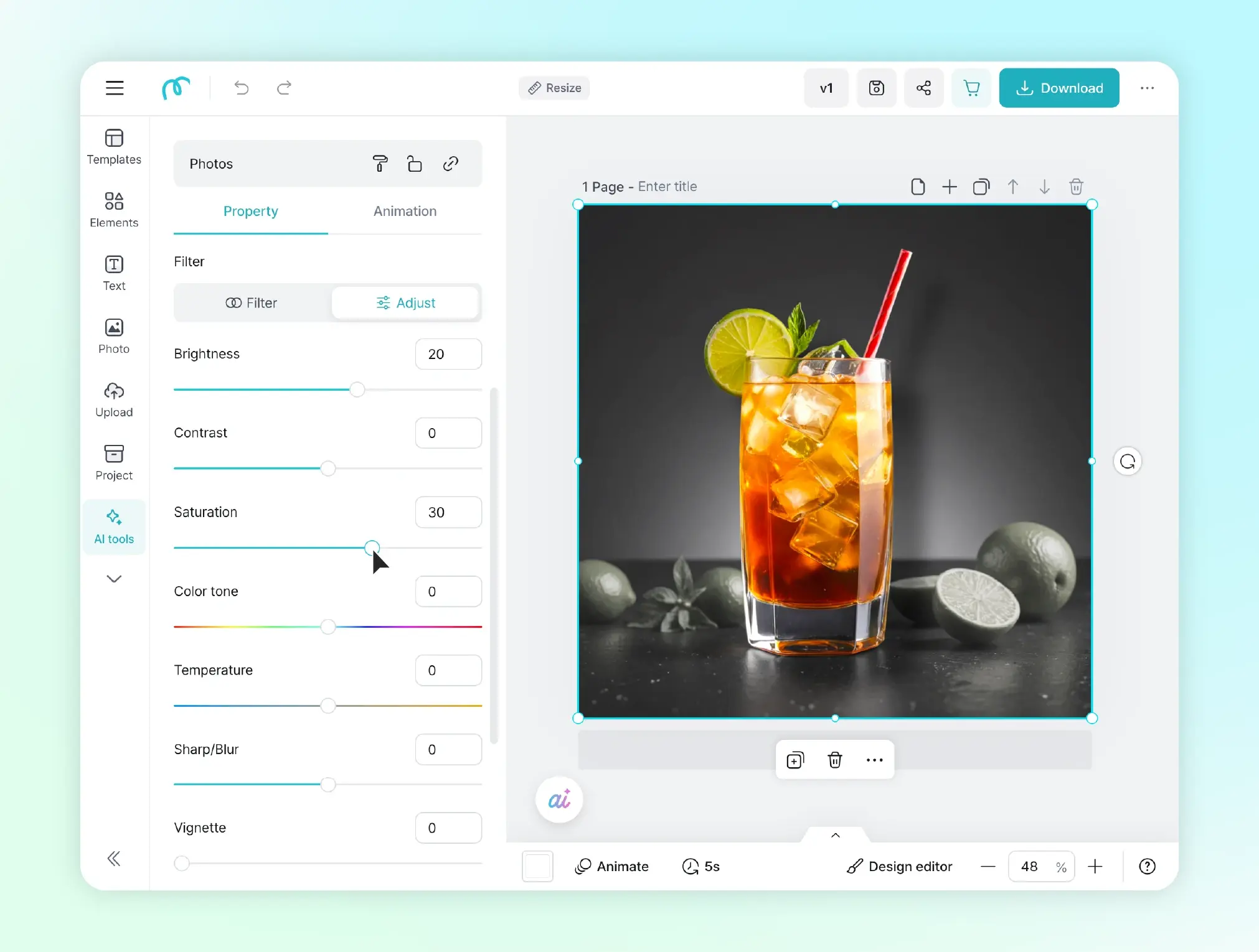 Editing interface for adjusting style like brightness and saturation
