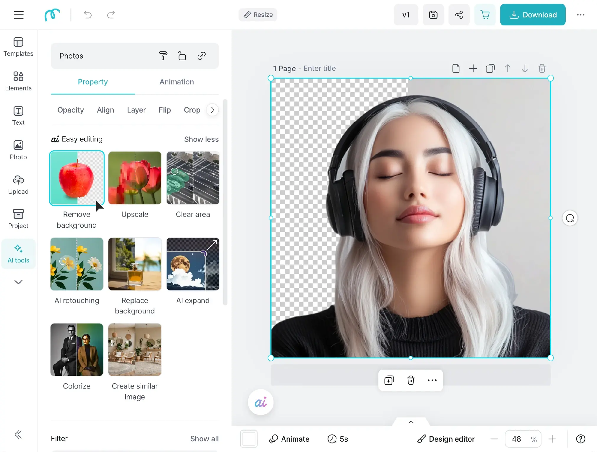 Editor screen using the AI background remover feature