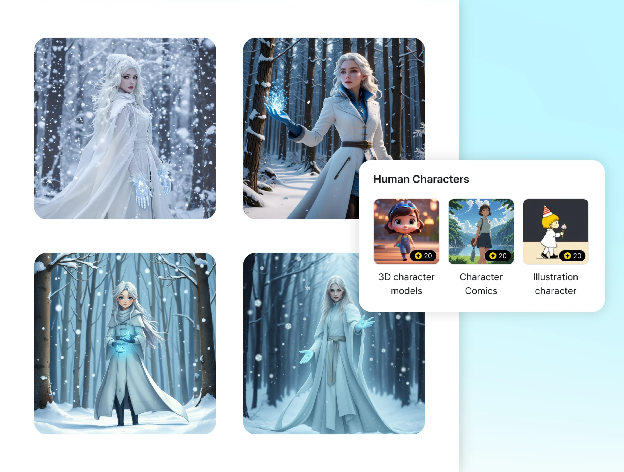 Ejemplos de personajes generados por IA en varios estilos