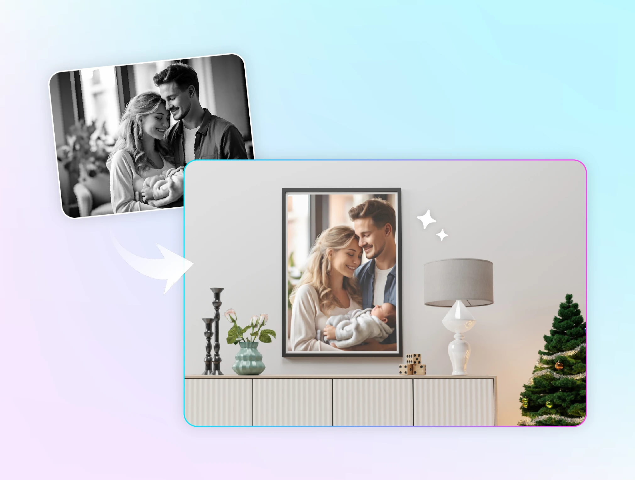 Example of a restored family photo displayed in a frame as a design application