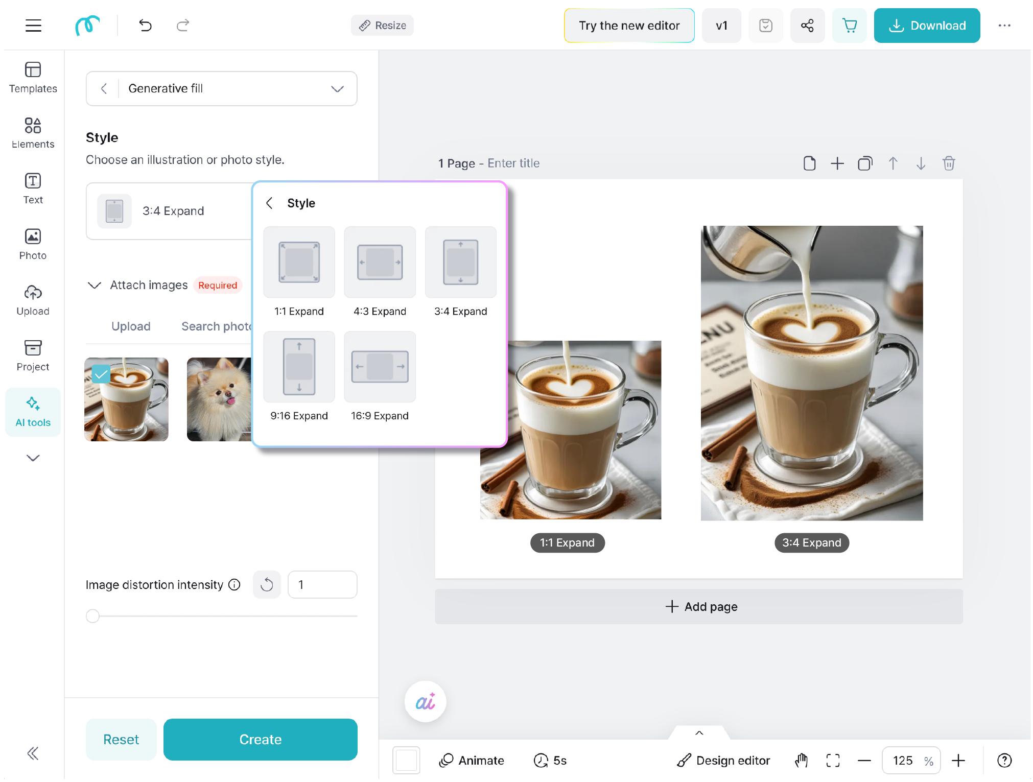 MiriCanvas editor screen using the image expansion feature with various aspect ratio adjustment options