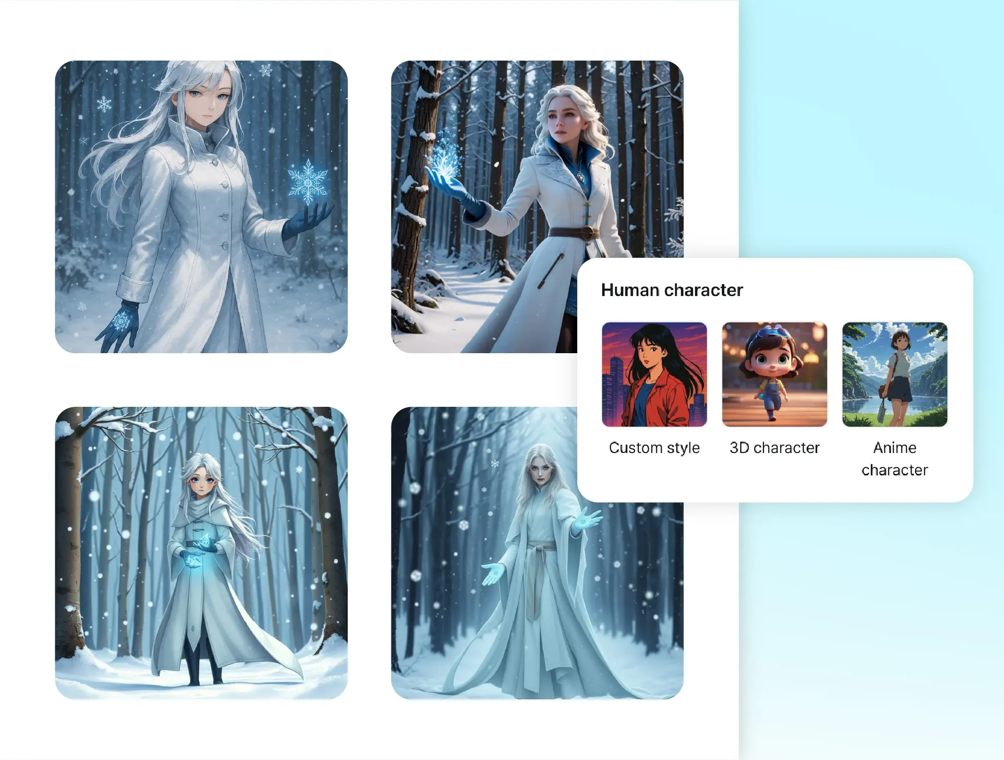 Examples of AI-generated characters in various styles