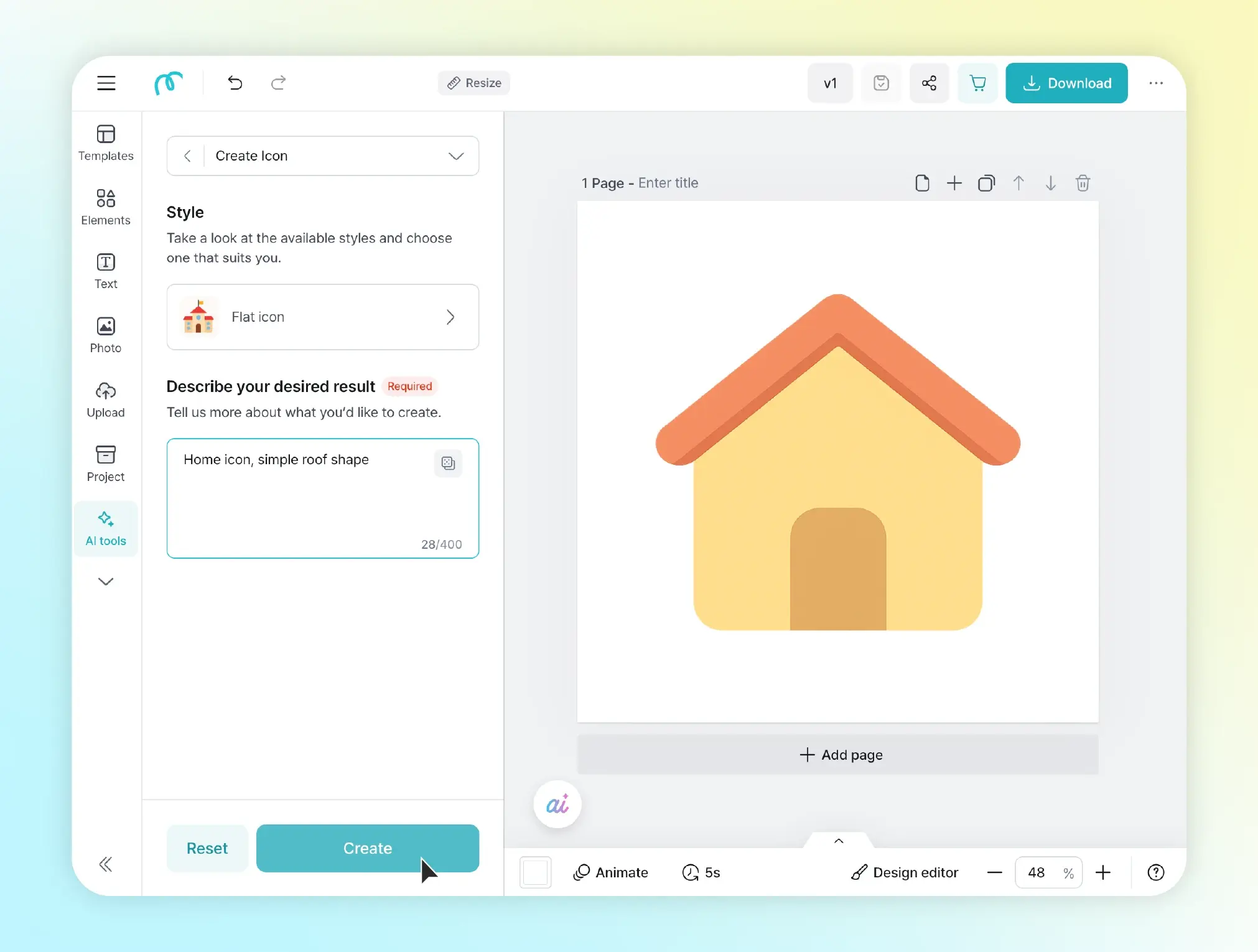 Interface displaying the generated icon in the editor screen