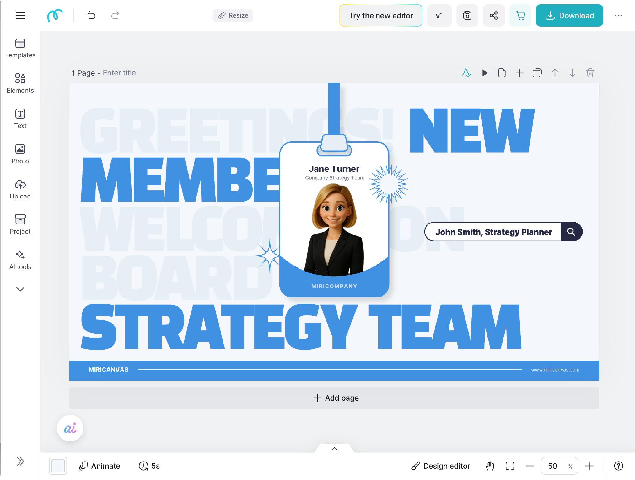 Editor screen showing the transformed image applied to a MiriCanvas template