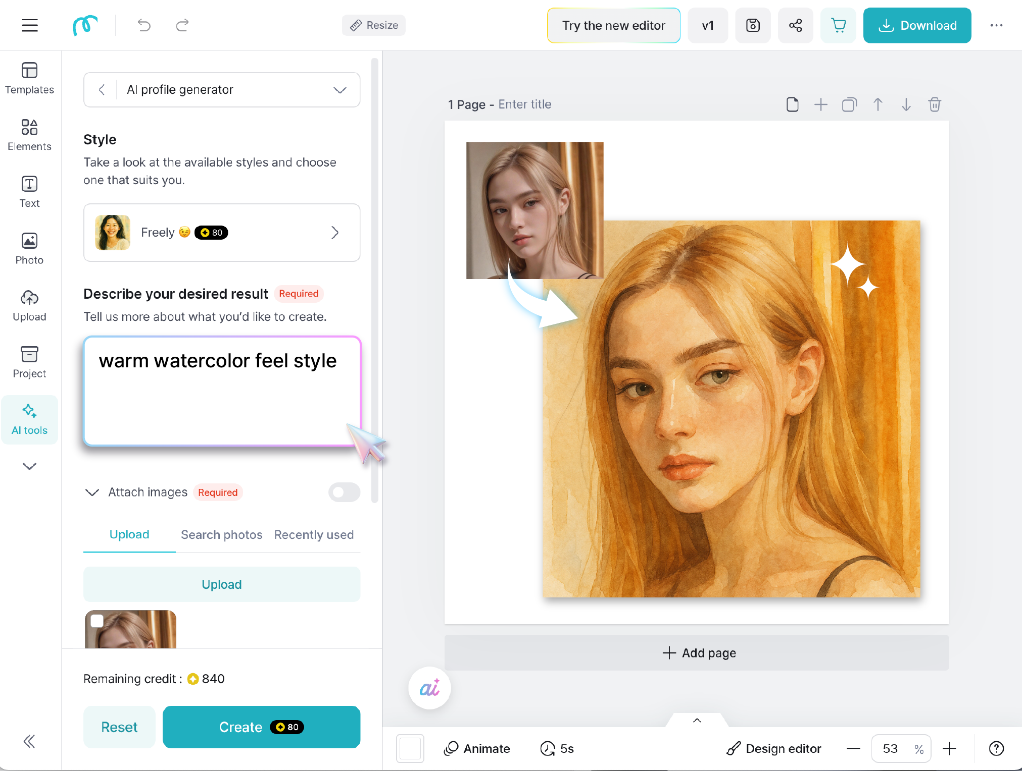 Editor screen demonstrating the use of the AI image transformation feature