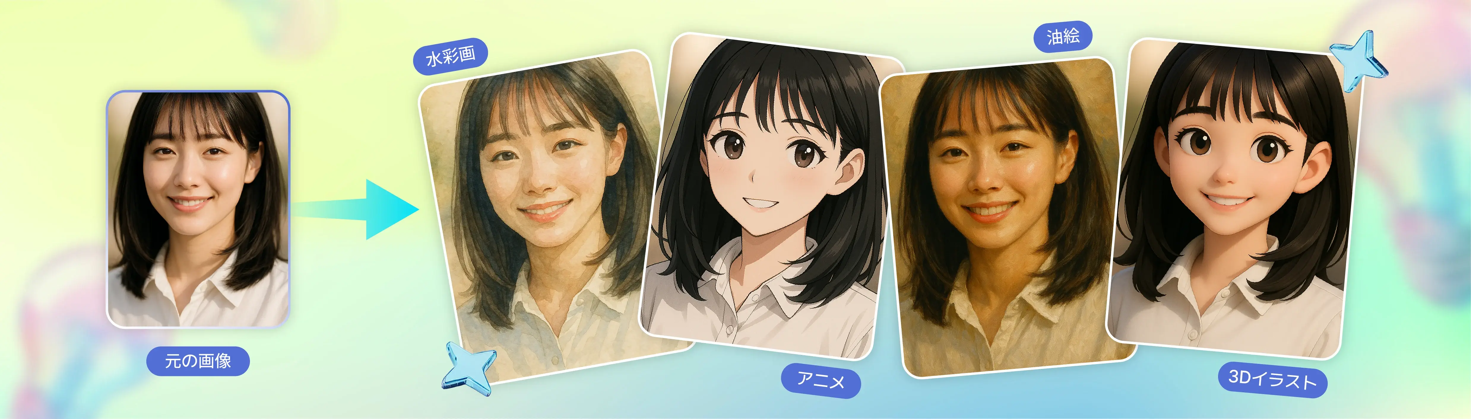 元の画像にさまざまなスタイルを適用して変換された結果画像の例