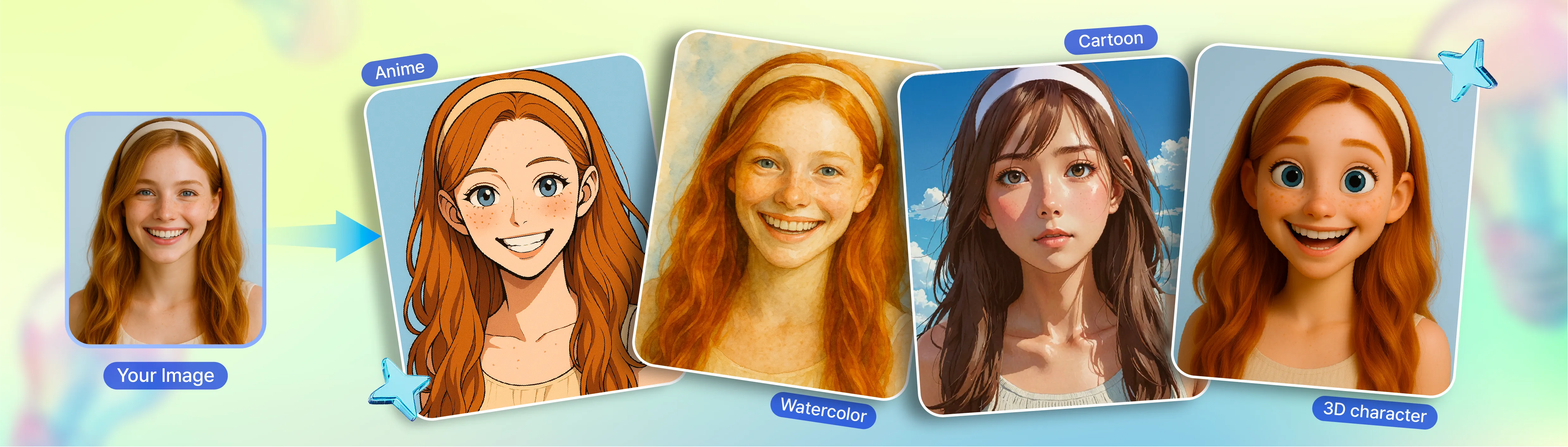 Example images showing the original image transformed with various styles