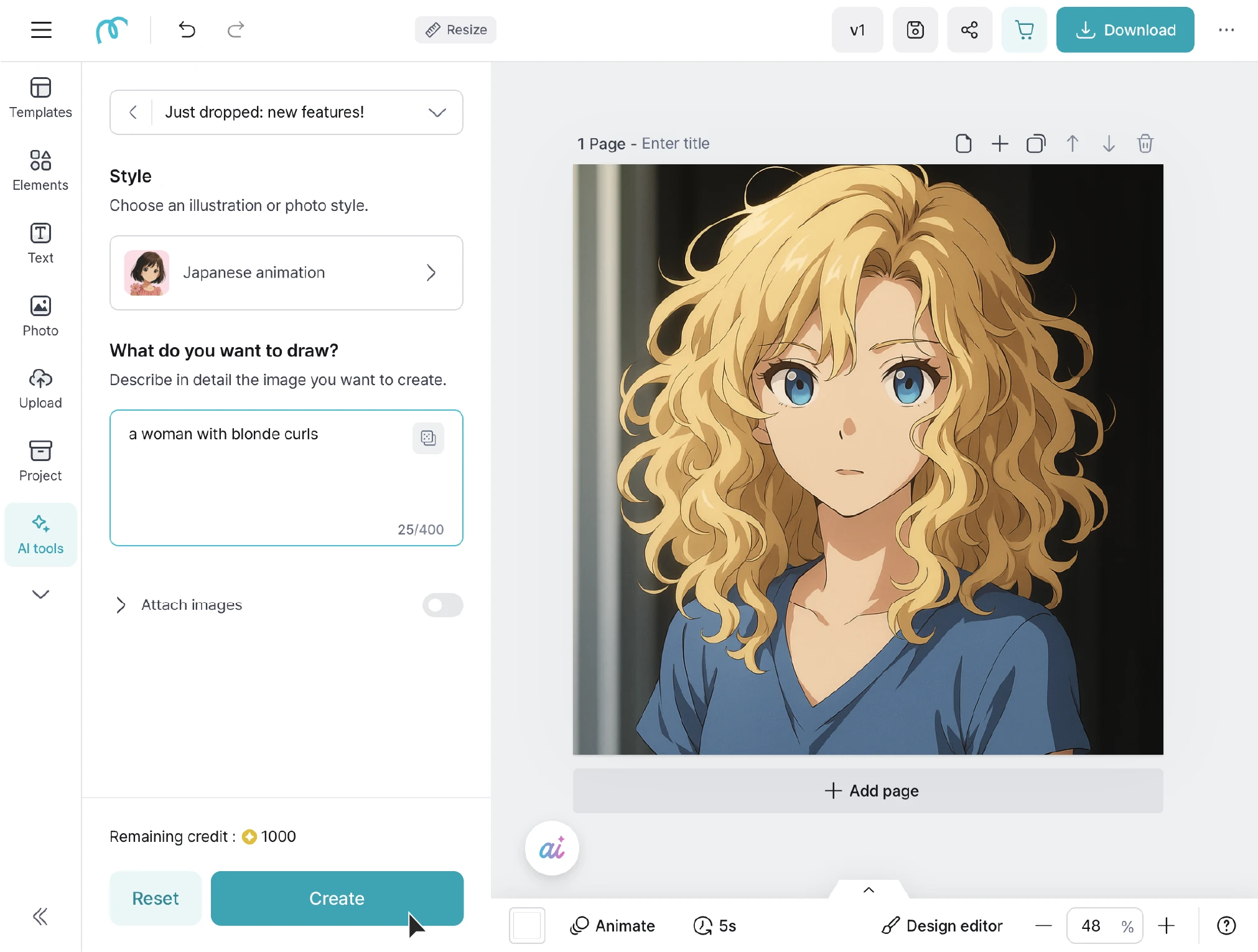 Interface showing the generated image in the editor screen