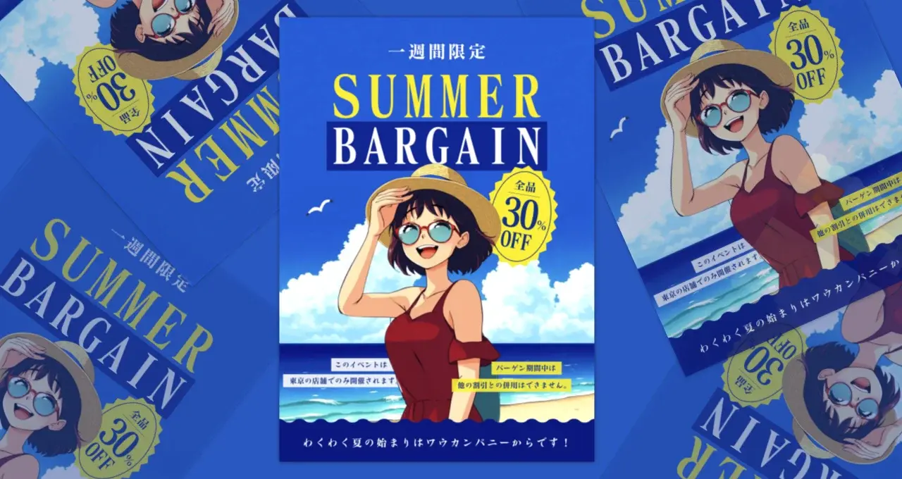AI写真イラスト化機能を活用して作成したサマーセールの広報ポスター