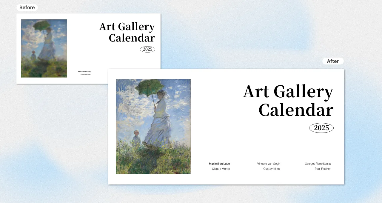 Before and after comparison of an art gallery calendar using the AI Image Upscale feature