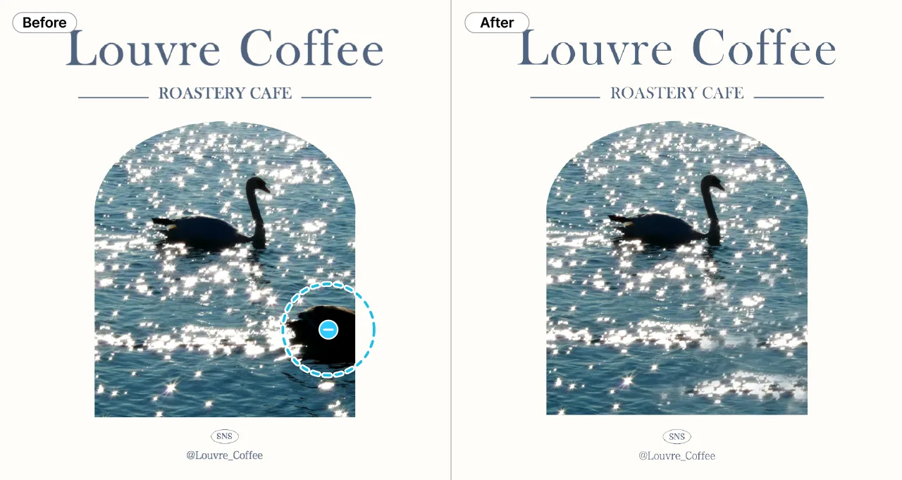 Before and after comparison of a cafe promotional poster using the AI Object Remover feature