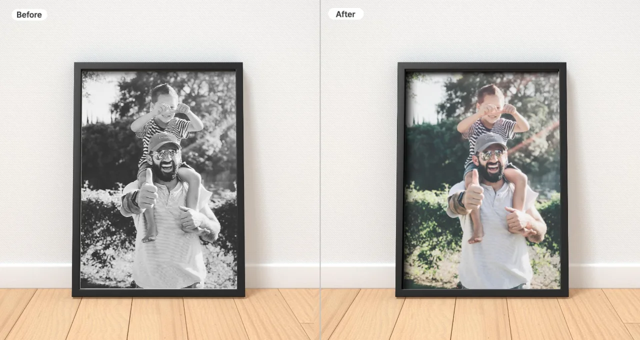 Before-and-after comparison of a family photo using the AI Colorize feature