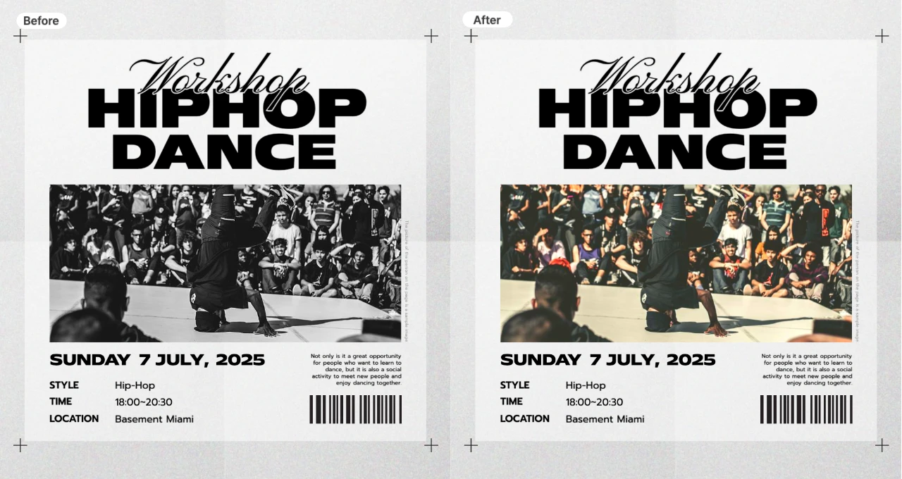 Before-and-after comparison of a hiphop dance event poster using the AI Colorize feature