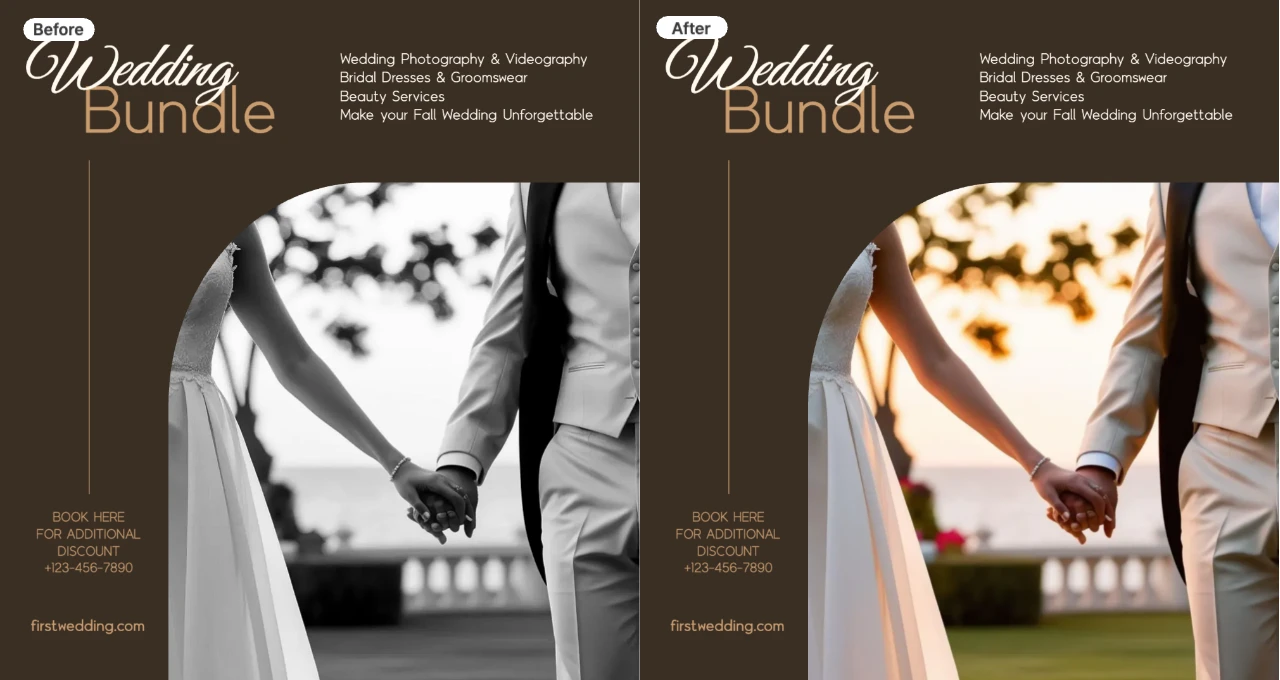 Before-and-after comparison of a wedding photo promotion poster using the AI Colorize feature