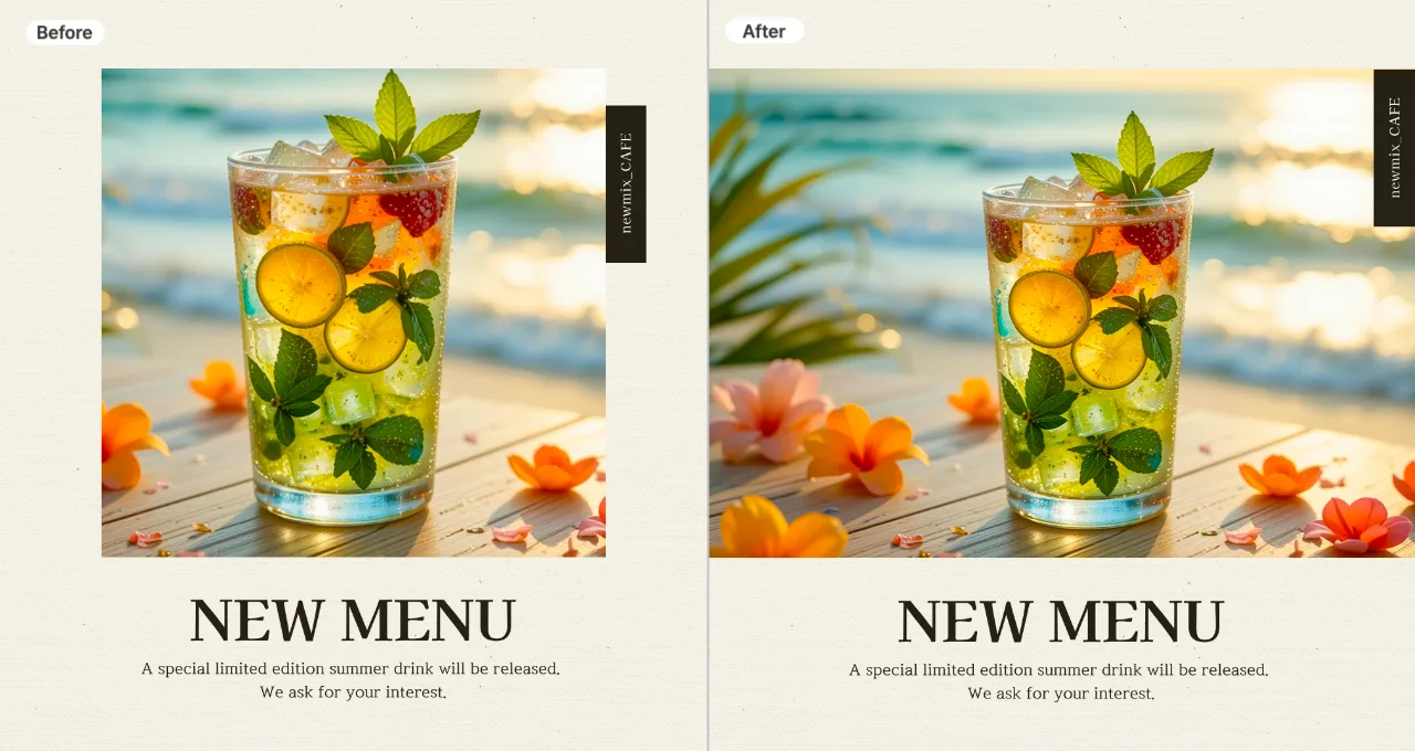 Before-and-after comparison of a café new menu promotion poster using the AI Image Extender feature