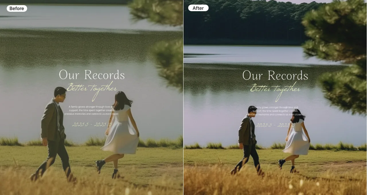 Before-and-after comparison of a wedding photo using the AI Image Extender feature