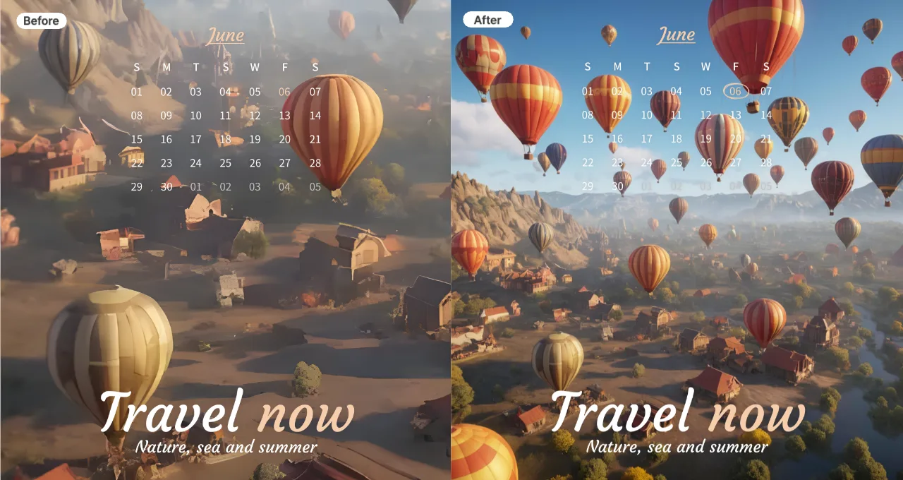 Before-and-after comparison of a calendar poster using the AI Image Extender feature