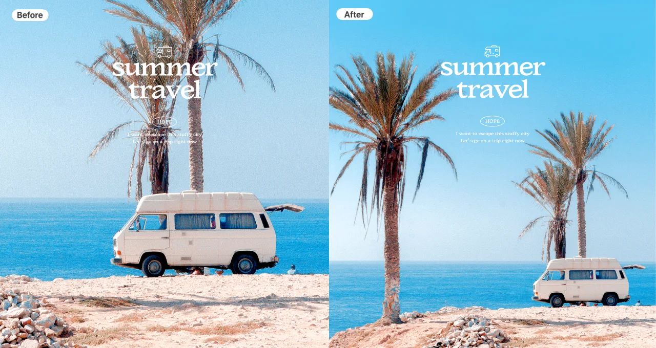 Before-and-after comparison of a travel promotion poster using the AI Image Extender feature