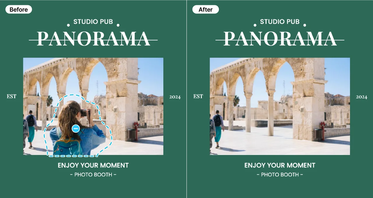 Before and after comparison of a travel snapshot using the AI Object Remover feature