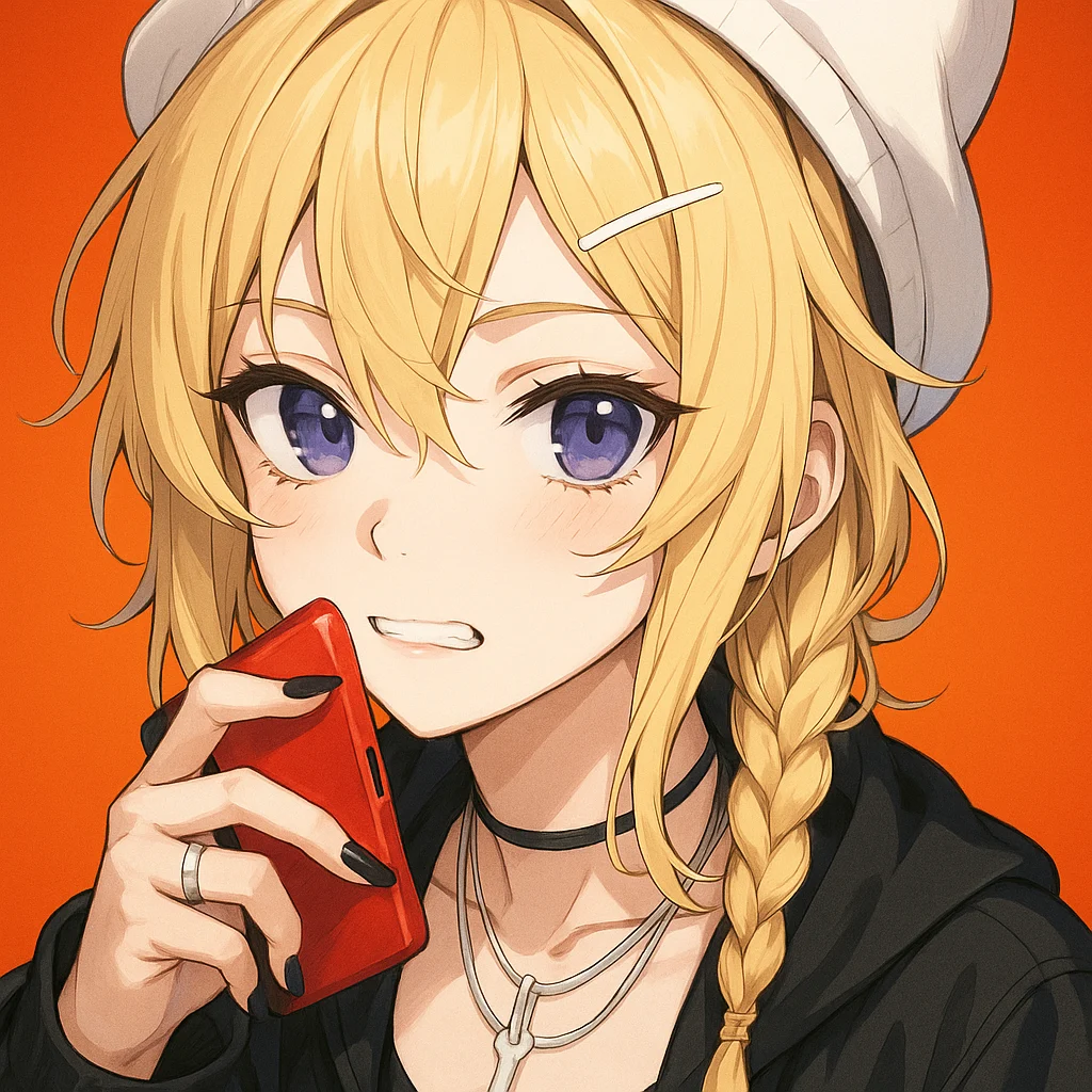 口元に赤いスマートフォンを持っている、サイド三つ編みの金髪アニメ少女のクローズアップポートレート。白いベレー帽と黒いパーカーを着用し、紫色の瞳で小悪魔的な表情を浮かべながら軽く唇を噛んでいる。黒のネイルポリッシュを塗っており、シルバーのネックレスとチョーカーを身に着けている。背景は暖かみのあるオレンジ色。髪の毛の一本一本や顔のパーツまで緻密に描写された、リアルかつディテール重視のアニメイラストスタイル。柔らかな影と鮮やかな色使い、シャープな線画で表現されている。