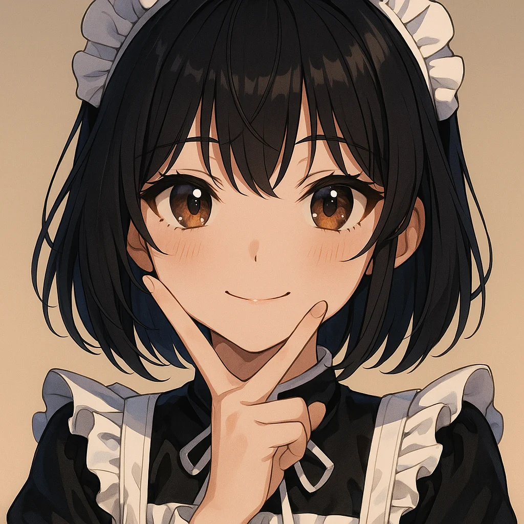 黒のボブヘアとストレートな前髪、茶色の瞳を持つ可愛らしいアニメ風の少女のクローズアップポートレート。白いフリルとリボン付きのクラシックな黒のメイド服を着用し、あごの下で両手で「V」サインを作って自信に満ちた笑顔を浮かべている。柔らかな光、ピクシブ風の高解像度アニメイラスト、クリーンな線画とやさしい陰影、淡いベージュの背景、光沢のある瞳と表情豊かな顔