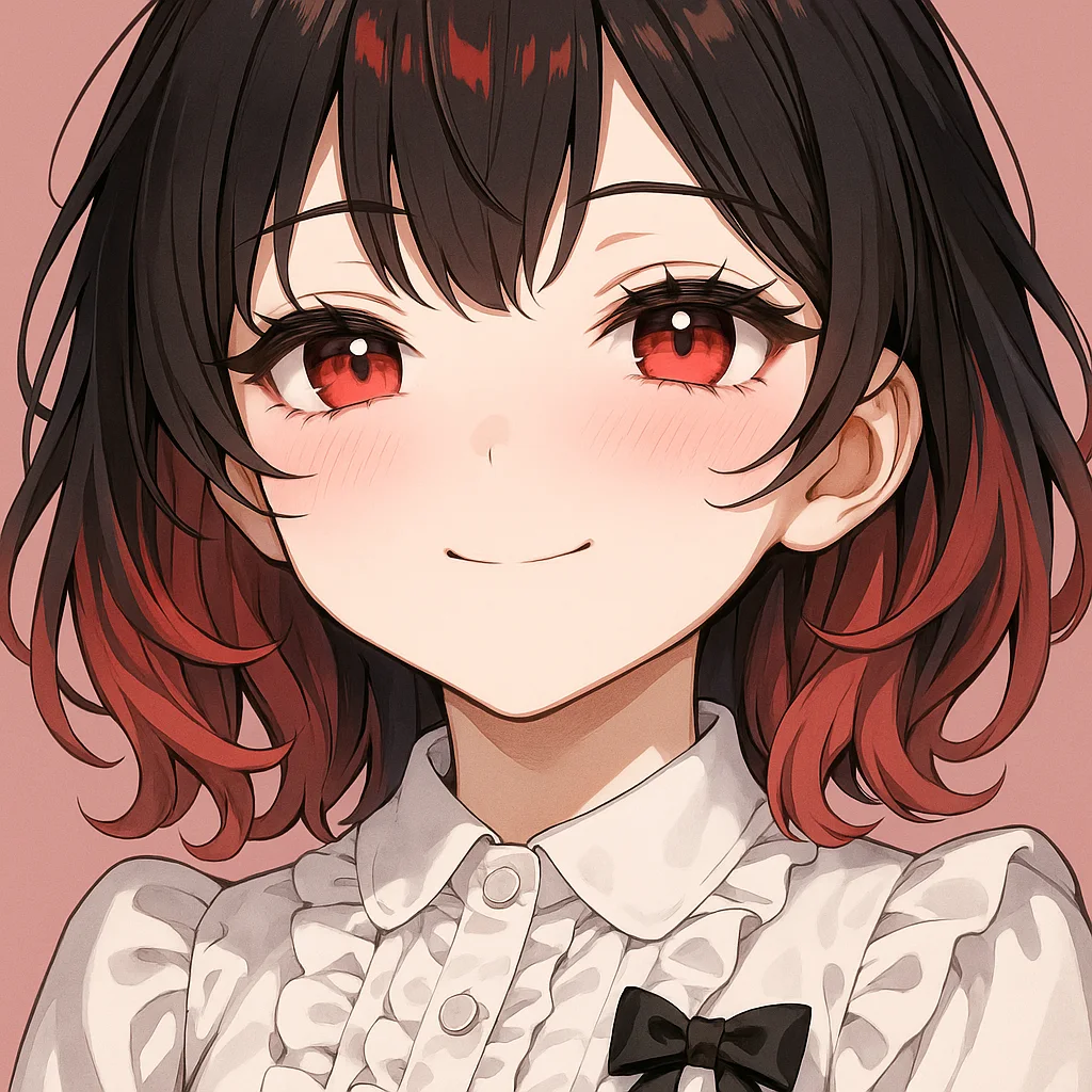 黒と赤のグラデーションのミディアムヘアで、ゆるくウェーブがかかった髪型の可愛いアニメ風の少女のクローズアップポートレート。明るい赤い瞳、優しい微笑み、赤らんだ頬をしている。胸元に黒いリボンがついたフリル付きの白いブラウスを着ている。背景はソフトなピンク。リアルでディテールの細かいアニメスタイル、シャープな線画、滑らかな影付け、髪と目に高いディテール、柔らかなライティング。