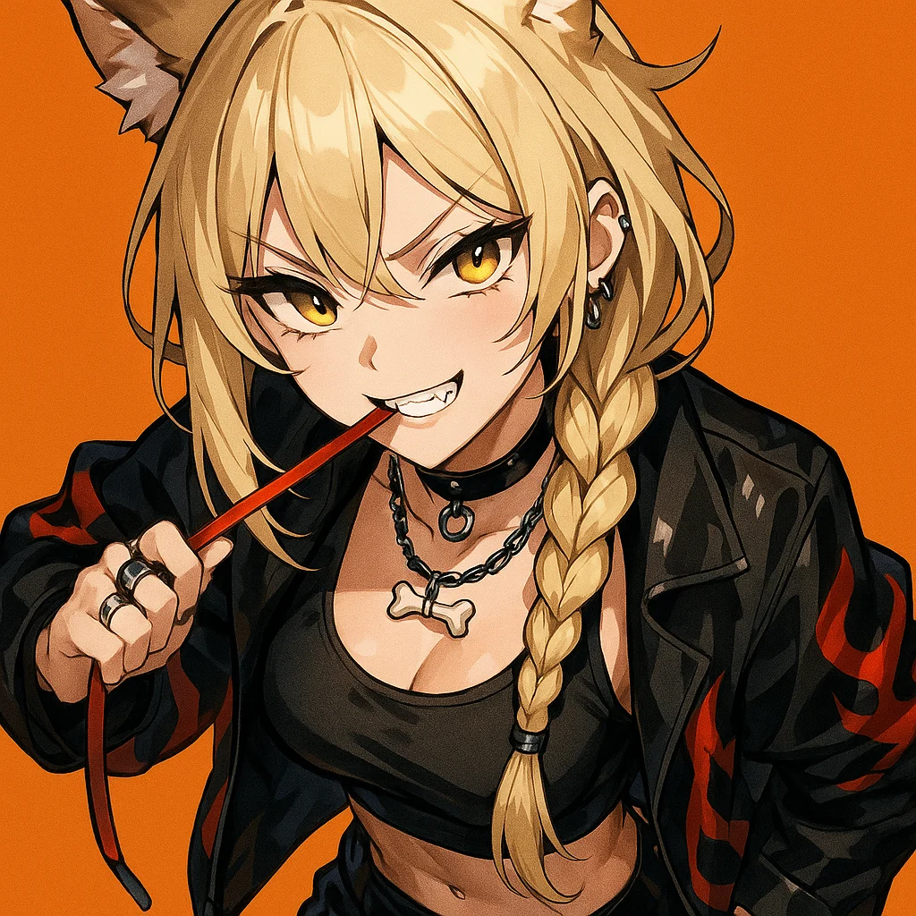 金色のオオカミのような瞳と鋭い犬歯を持つアニメ風の少女を描いた、非常に精密なイラスト。上半身をやや前に傾けながらカメラを見つめ、頭を少し傾けた姿勢で、赤いリードをくわえ、挑発的でいたずらっぽい表情を浮かべている。長い金髪は太めのサイド三つ編みにしており、頭頂部からはふわふわしたオオカミの耳が覗いている。黒のクロップドタンクトップと、袖に赤い炎模様が入った黒いレザージャケットを着用。骨型のチョーカー、チェーンネックレス、フープピアス、複数の指輪を身につけている。背景はビビッドなオレンジのフラットカラー。カメラアングルは正面寄りのダイナミックなクローズアップで、わずかに上から見下ろす構図。鋭い視線と力強い存在感を強調している。柔らかな陰影とシャープな線画、顔や衣装のディテールが豊かで、リアルな奥行き感のあるイラストスタイル（ただし3Dではない）。